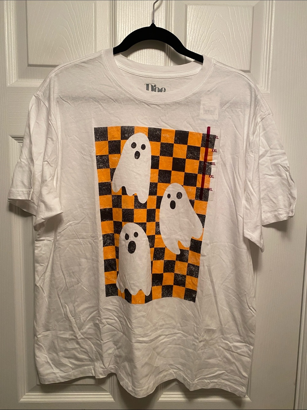 Doe White T-Shirt with Orange and Black Checkerboard Ghosts…size 2X